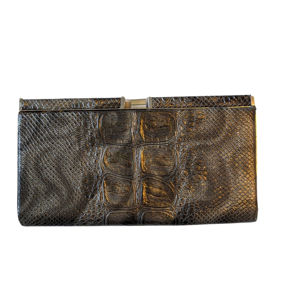 Gray snakeskin (vegan?) long narrow clutch evening bag purse EUC